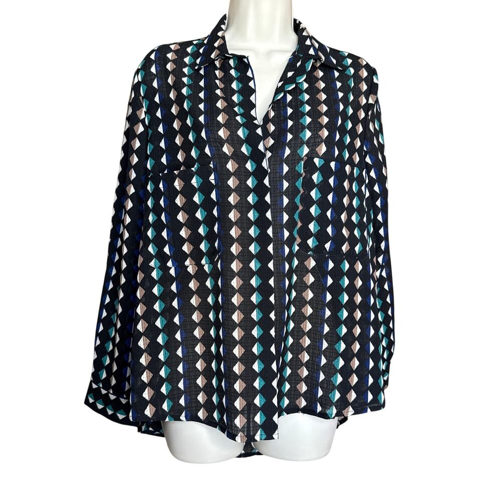 Tulip B Unique Vintage Black Green Geometric Long Sleeve Blouse S NWT